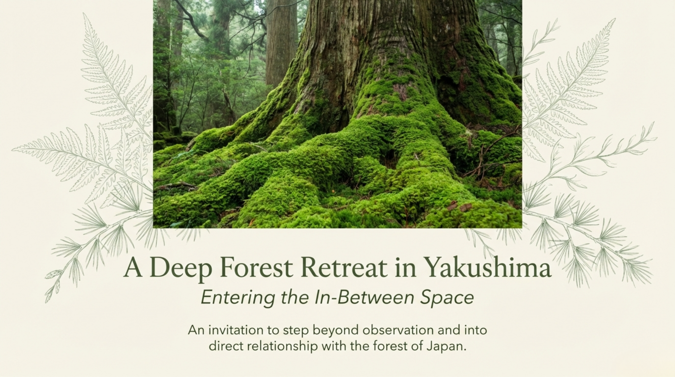 Ancient cedar tree with moss-covered roots in Yakushima forest, symbolizing a deep forest retreat in Japan