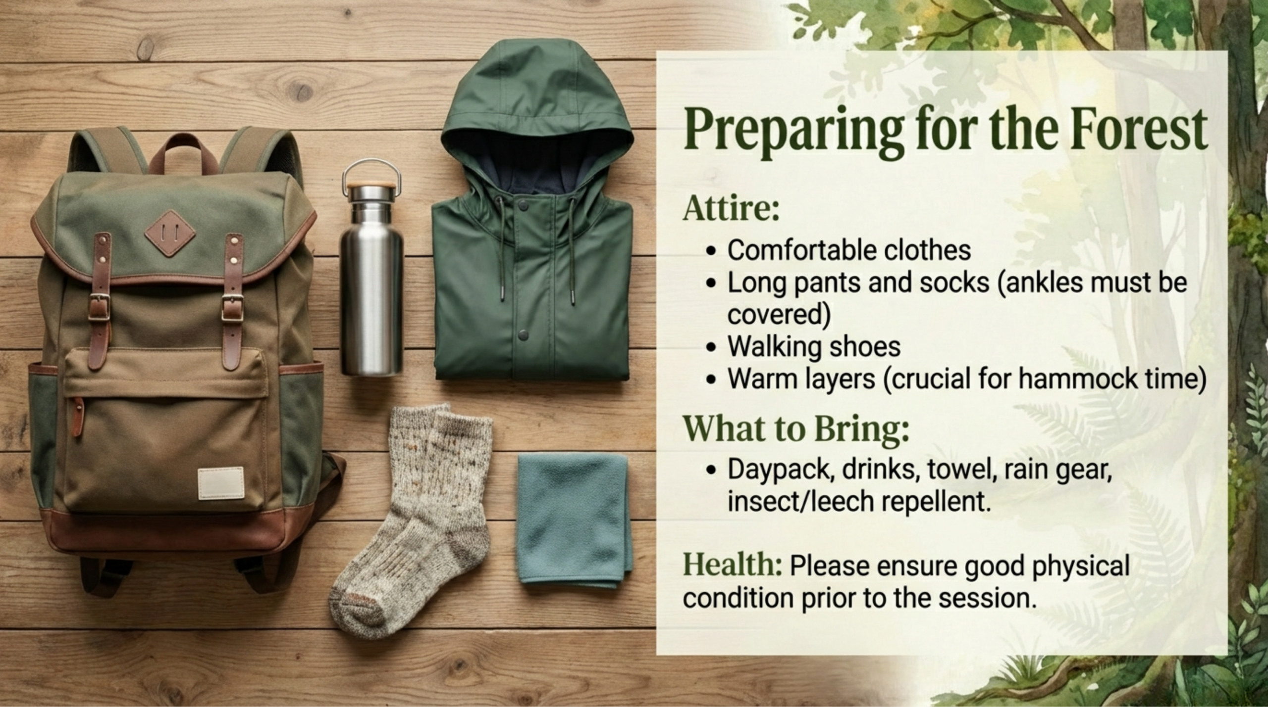 Preparation guide for Yakushima forest sessions: Required attire (comfortable clothes, long pants, walking shoes) and list of what to bring (daypack, drinks, rain gear).