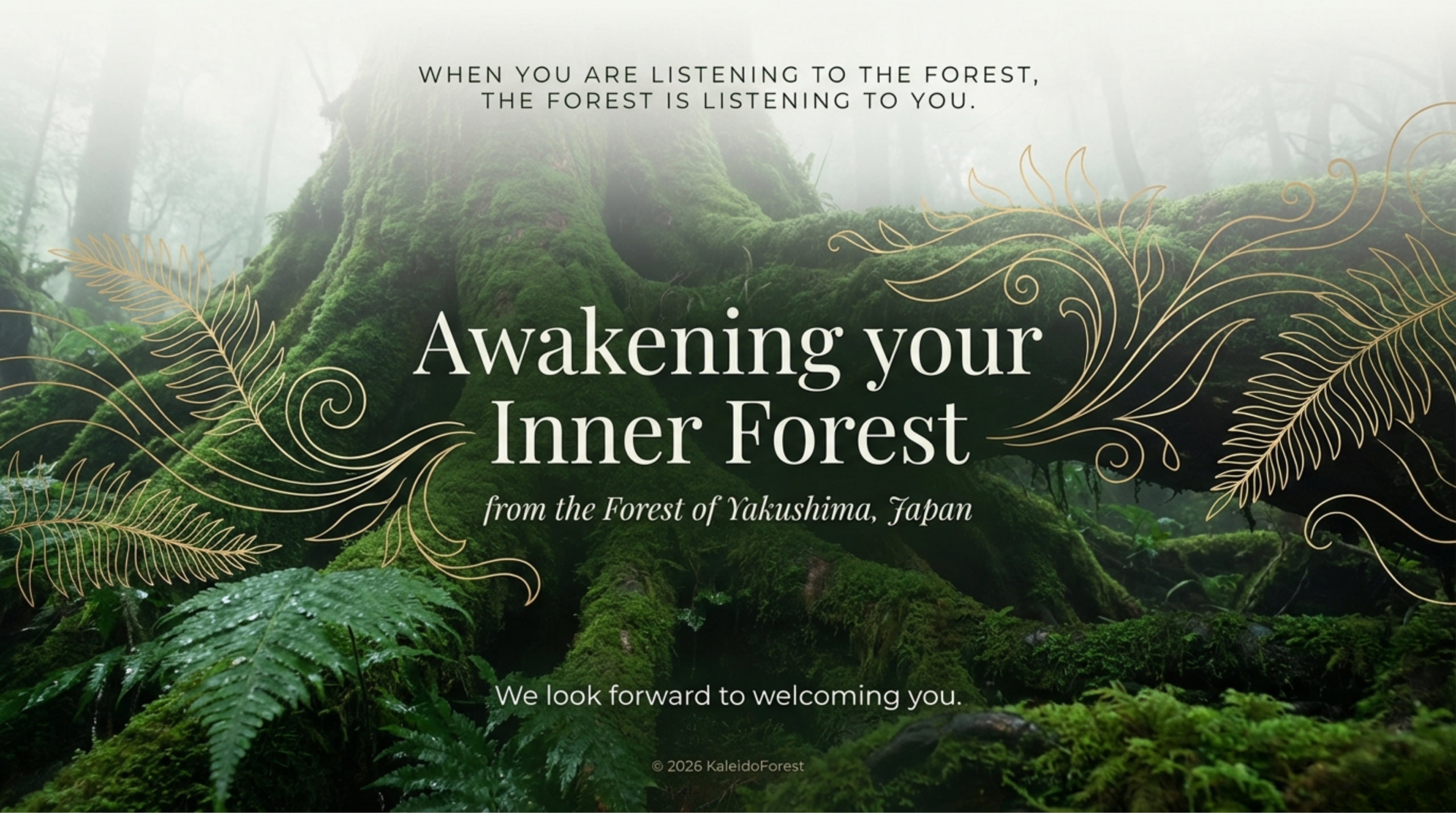 Closing image of a mossy Yakushima forest with the text: "Awakening your Inner Forest from the Forest of Yakushima, Japan. We look forward to welcoming you."