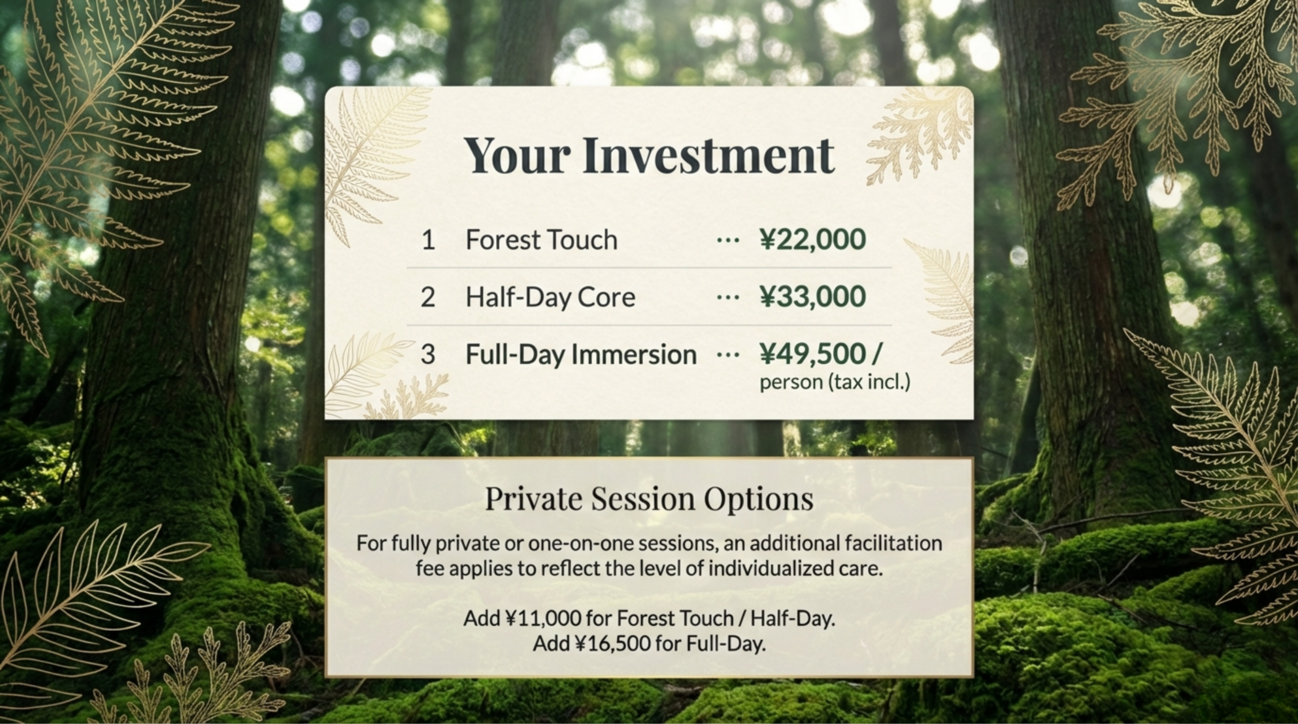 Pricing table for deep Shinrin-yoku programs: Forest Touch (22k), Half-Day Core (33k), and Full-Day (49.5k). Includes private session upgrade options.